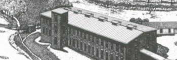 Schwarzweiß-Bild einer Fabrikhalle.